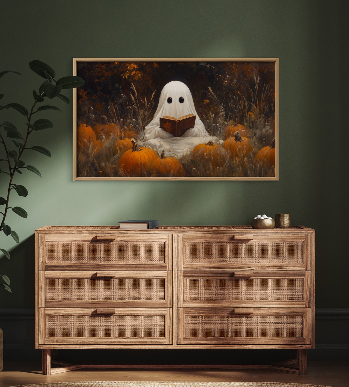 Halloween Frame Tv Art Cute Ghost Reading A Book Ghost Frame Tv Vintage Fall Landscape Neutral Farmhouse Decor - Image 3