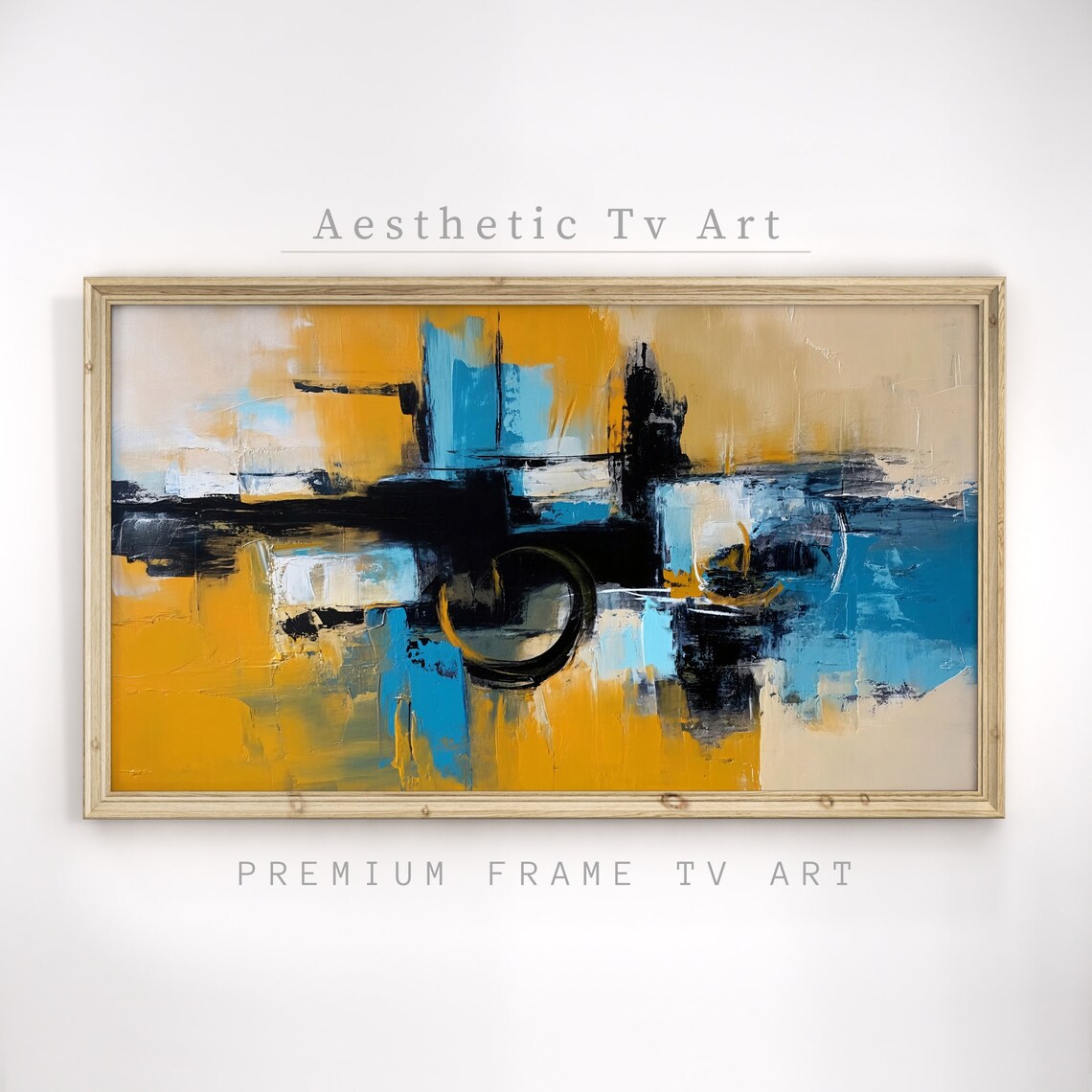Abstract Mustard Yellow Black Turquoise Modern Oil Painting Art - Image 3