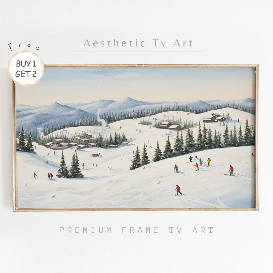 Snowy Ski Village Winter Painting Skiers Pine Trees Mountain Wall Art