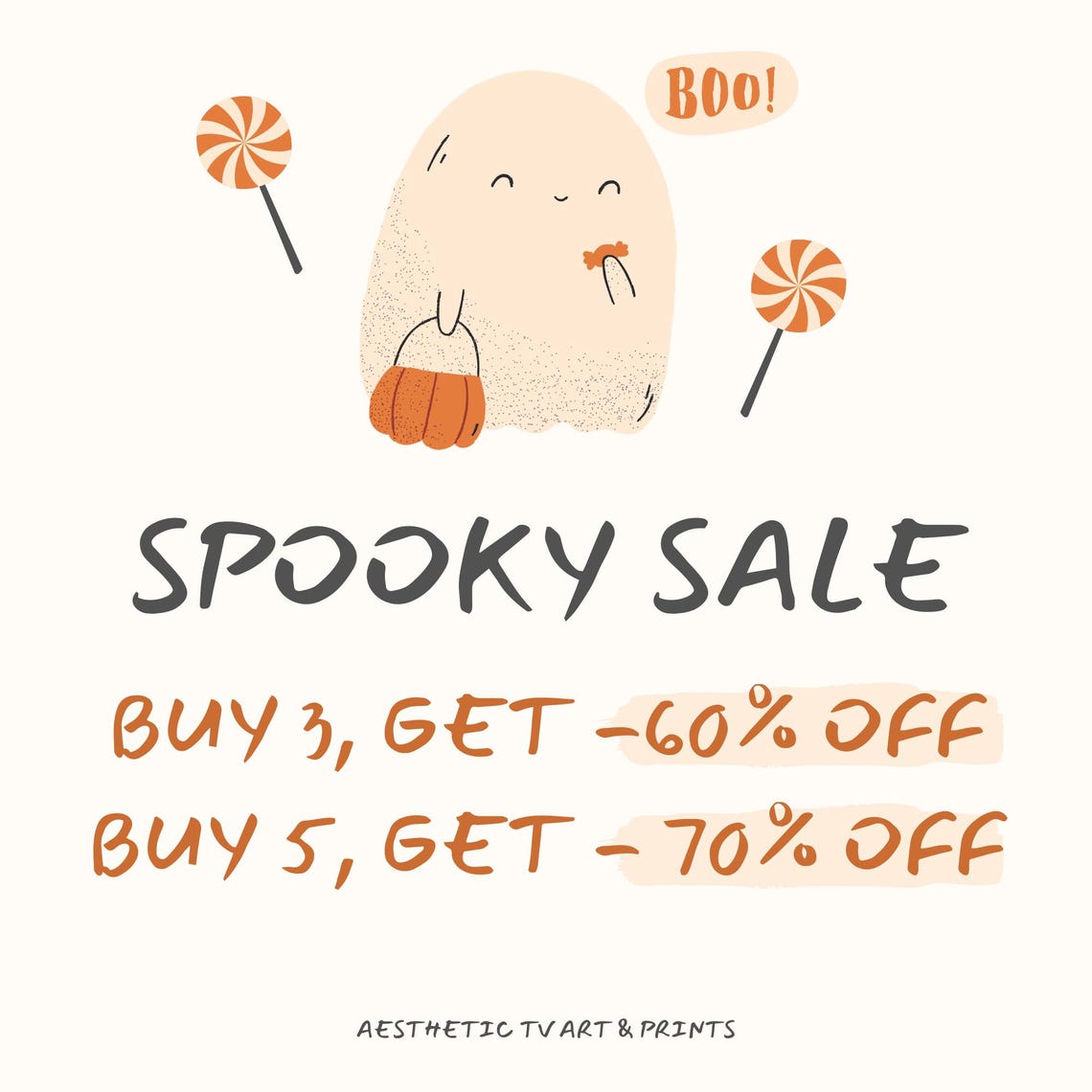 Cute Ghost Reading Book Among Pumpkins At Night Halloween Art Poster - Image 3