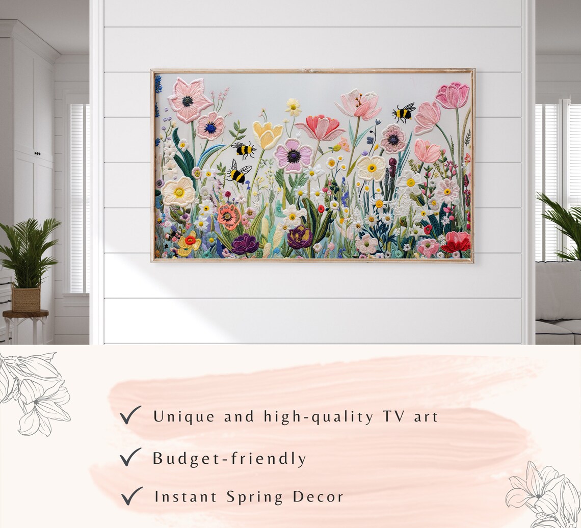 Embroidered Wildflower Garden Bees Stitched Floral Art Poster - Image 3