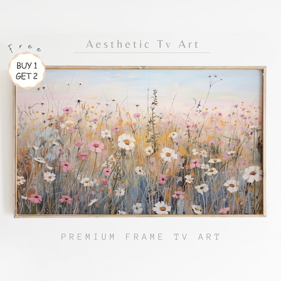 Vintage Tv Frame Art Antique Wildflowers Field Meadow Oil Painting For Tv Moody Spring Art For Tv Farmhouse Decor