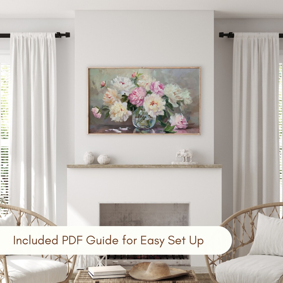 Pink White Peonies Glass Vase Vintage Floral Oil Painting Art - Image 3