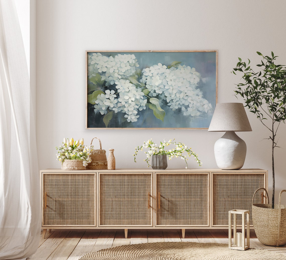 White Hydrangea Blue Background Soft Botanical Oil Painting Poster - Image 2