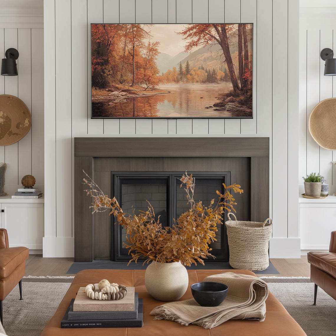 Misty Autumn River Valley Golden Trees Mountain TV Art Poster - Image 3