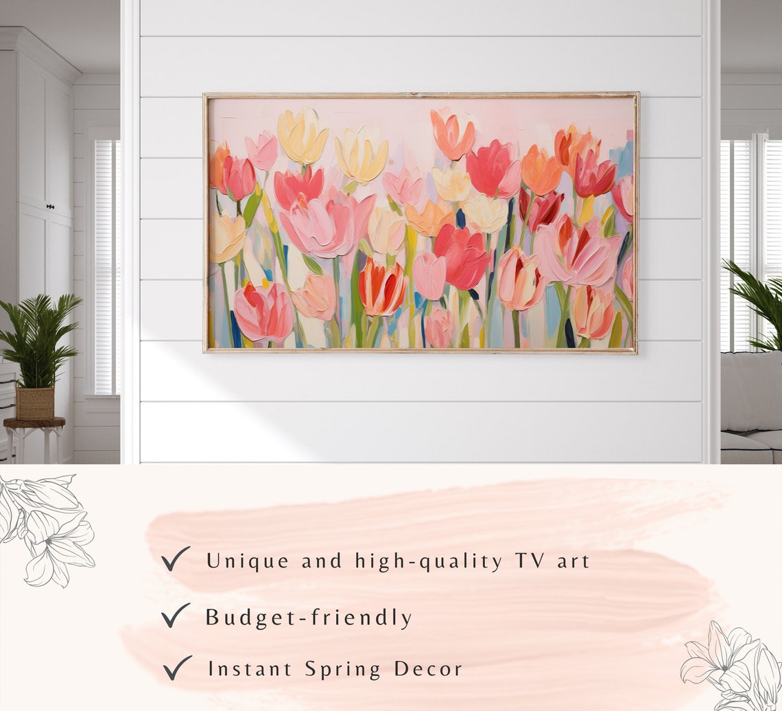 Pink Red Impasto Tulips Spring Flower Textured Oil Painting Poster - Image 3