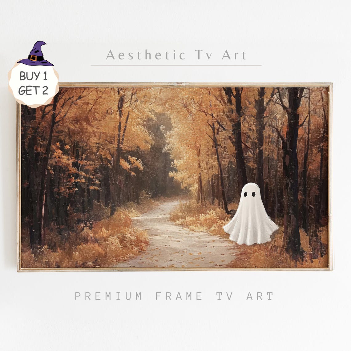 Cute Ghost on Golden Autumn Path Vintage Halloween TV Art Poster