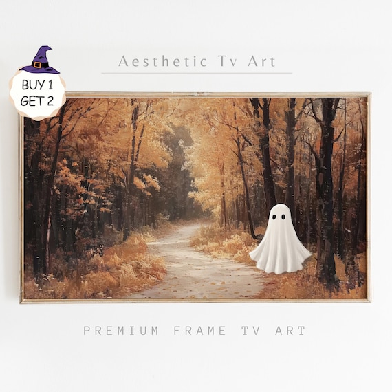 Cute Ghost on Golden Autumn Path Vintage Halloween TV Art Poster