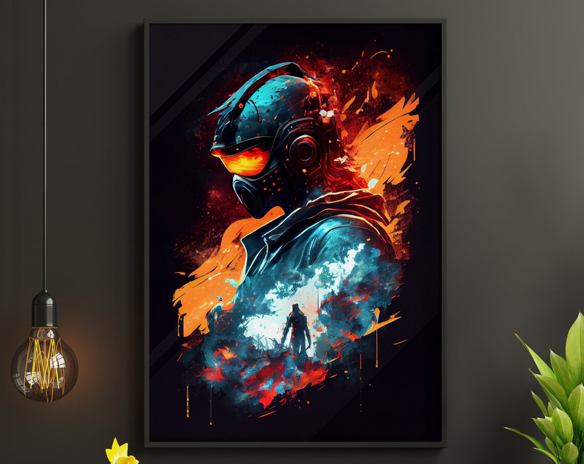 Futuristic Masked Warrior Sci Fi Digital Art Poster Orange Teal