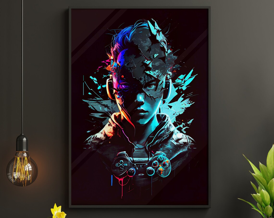 Neon Gamer Portrait Headset Glowing Blue Red Digital Art Poster