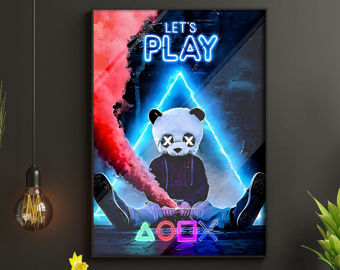 Retro Arcade Lets Play Neon Panda Gamer Poster Game Room Decor
