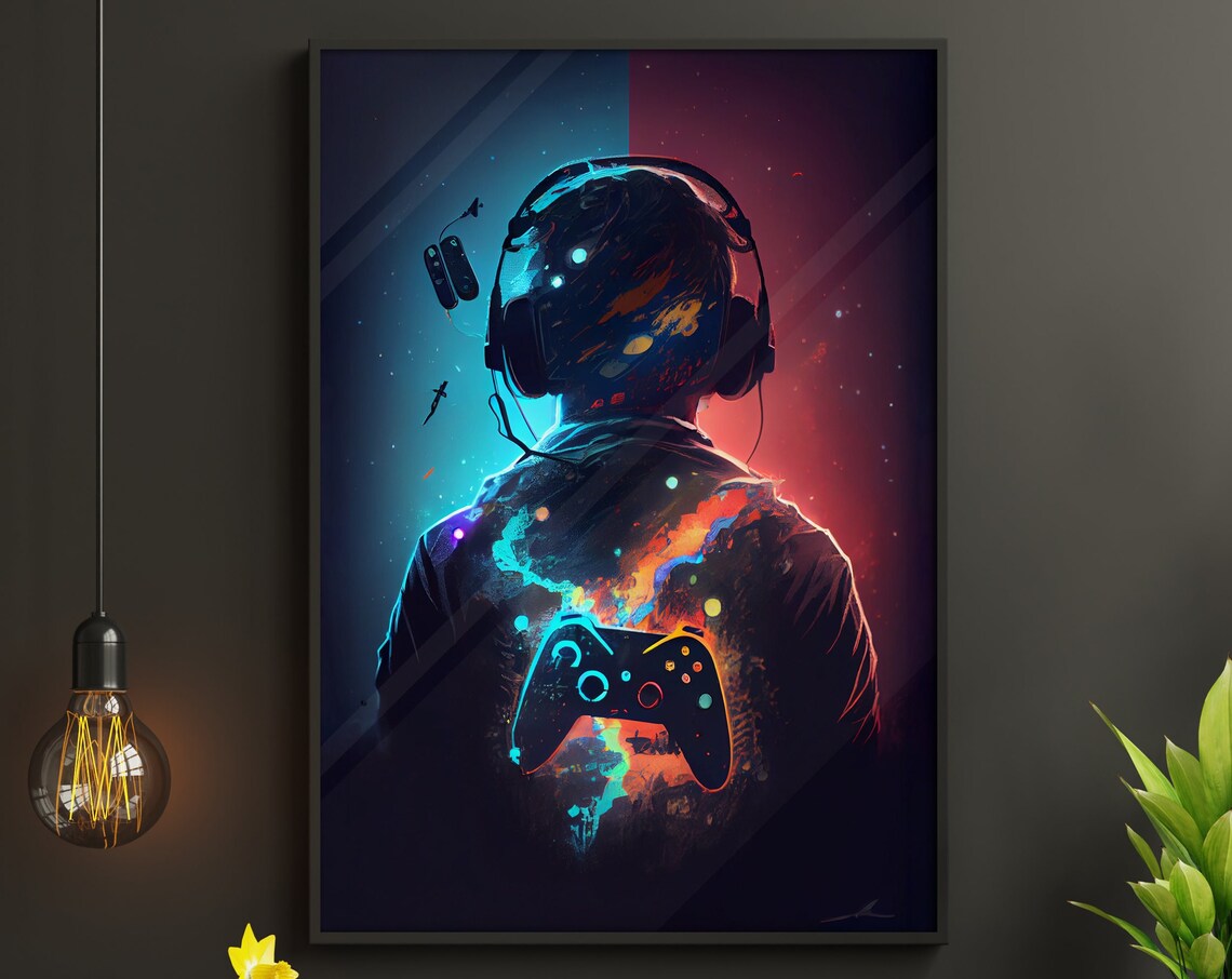Gamer With Headphones Neon Cosmic Art Poster Blue Red Video Game Decor