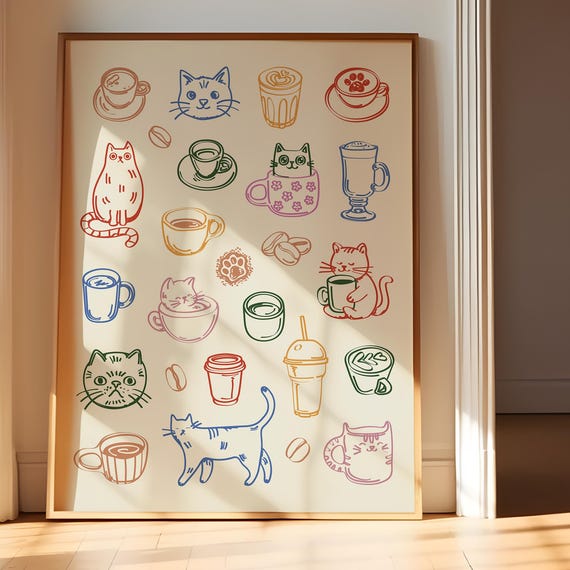 Cat and Coffee Kitchen Decor Art Print