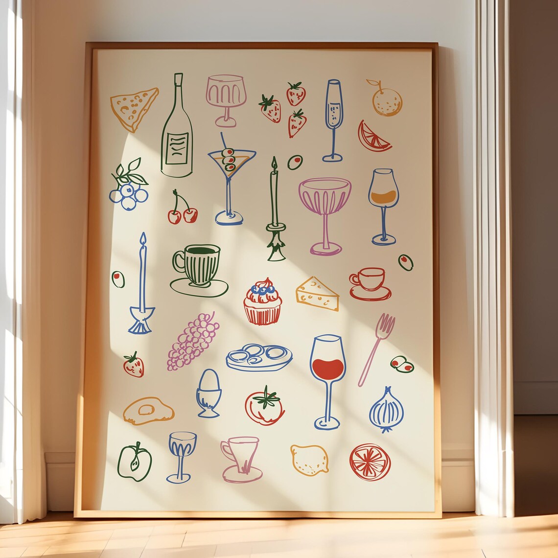 Colorful Food Drink Line Art Print, Kitchen Decor