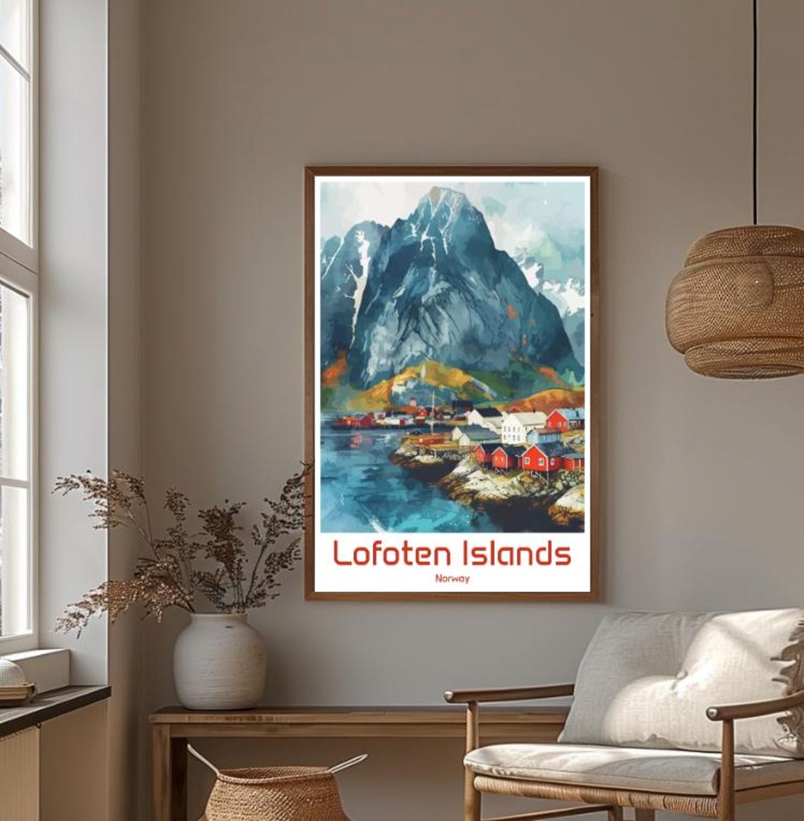 Lofoten Islands Norway Red Rorbu Cabins Arctic Peak View Poster - Image 4