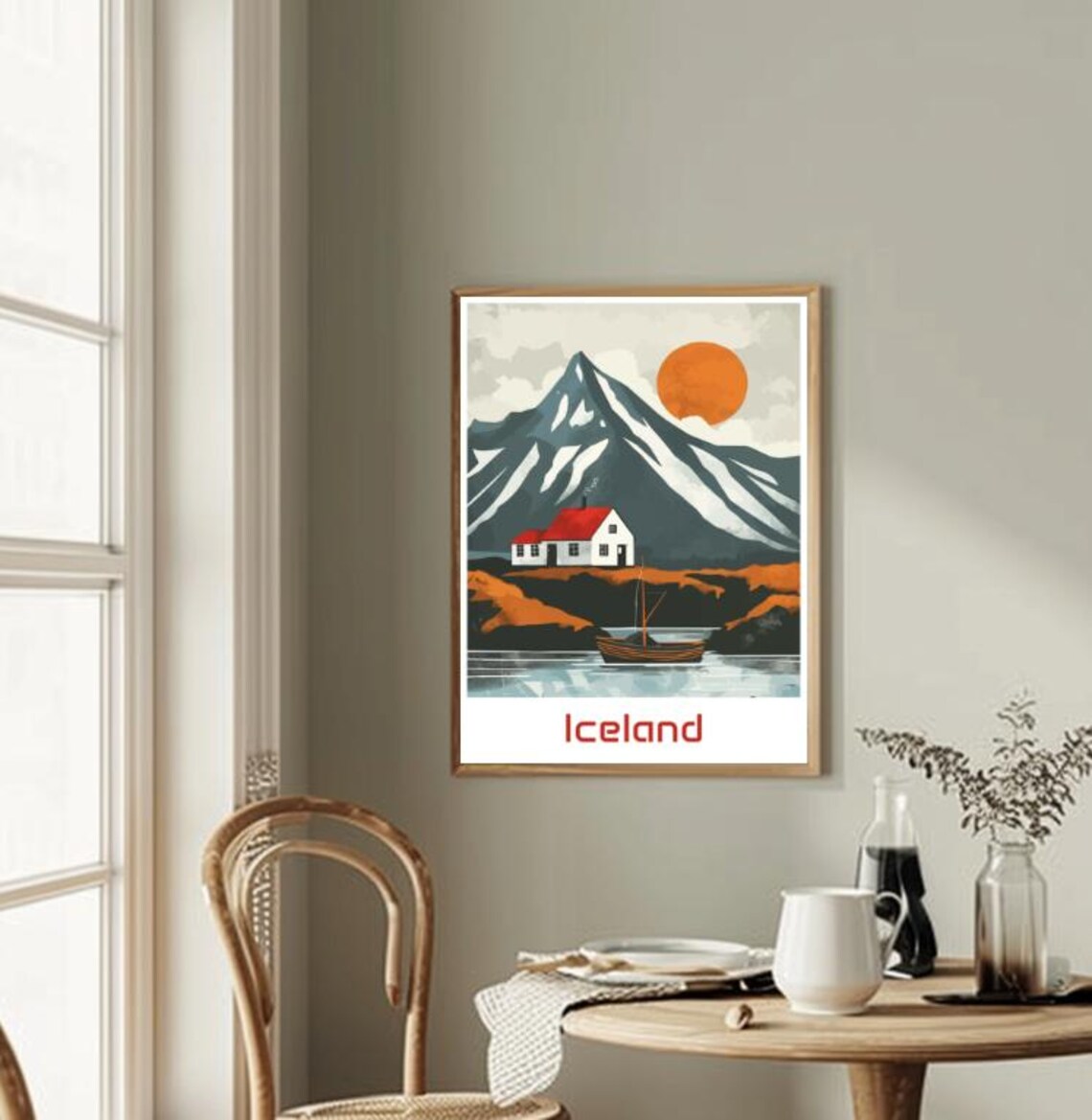 Iceland Red Cottage Mountain Fjord Sunset Vintage Travel Poster - Image 2