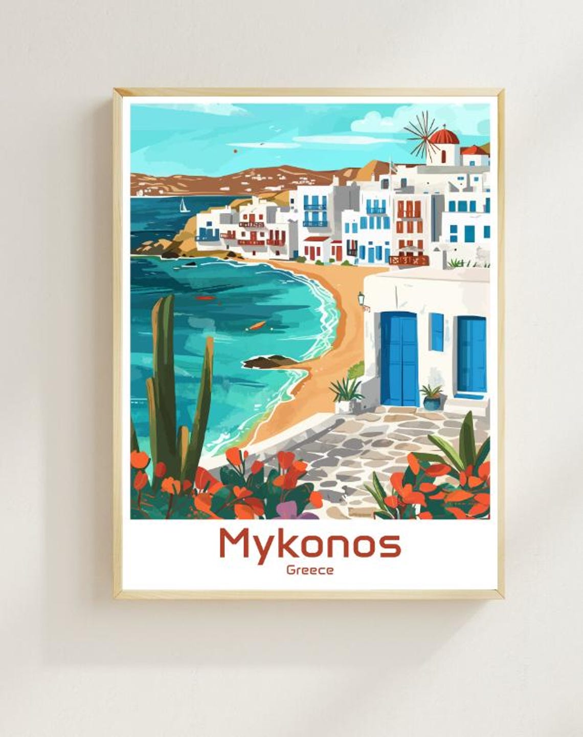 Mykonos Greece Whitewashed Houses Windmill and Aegean Bay Poster