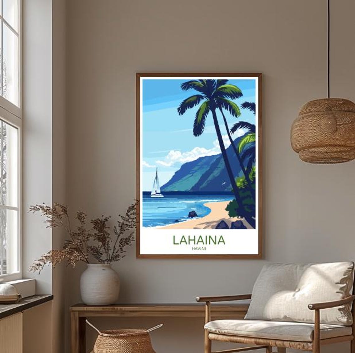 Lahaina Hawaii Beach Palm Trees Sailboat Tropical Island Poster - Image 3