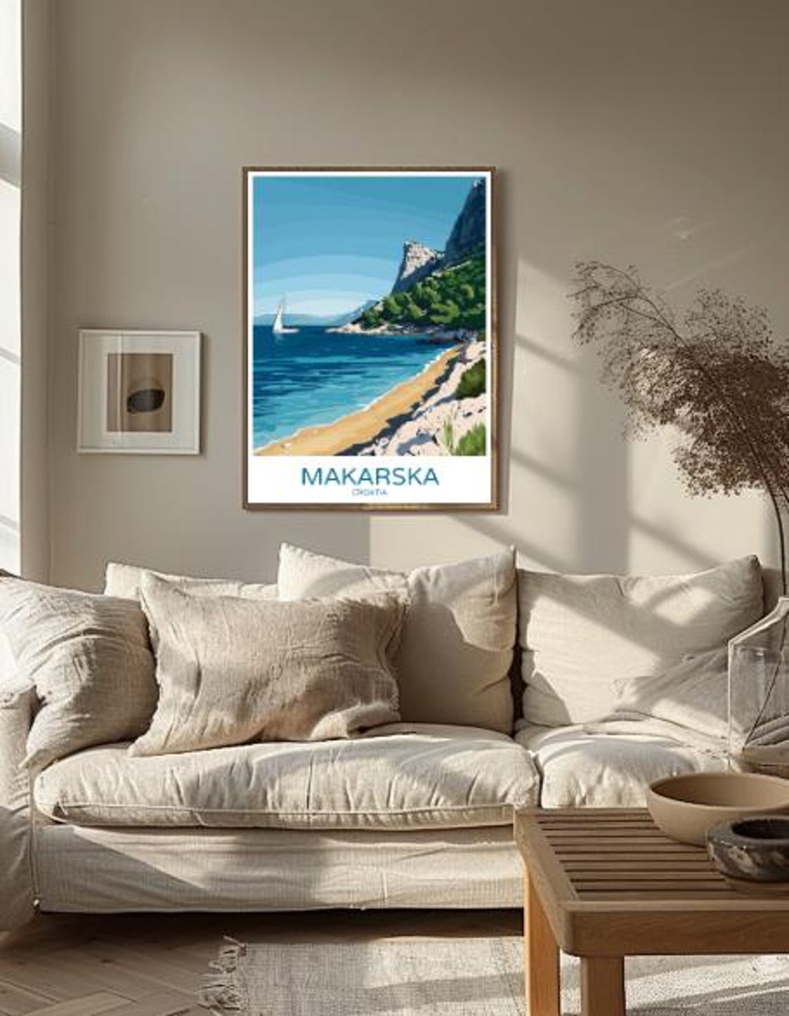 Makarska Croatia Beach Cove With Sailboat And Cliffs Travel Poster - Image 2