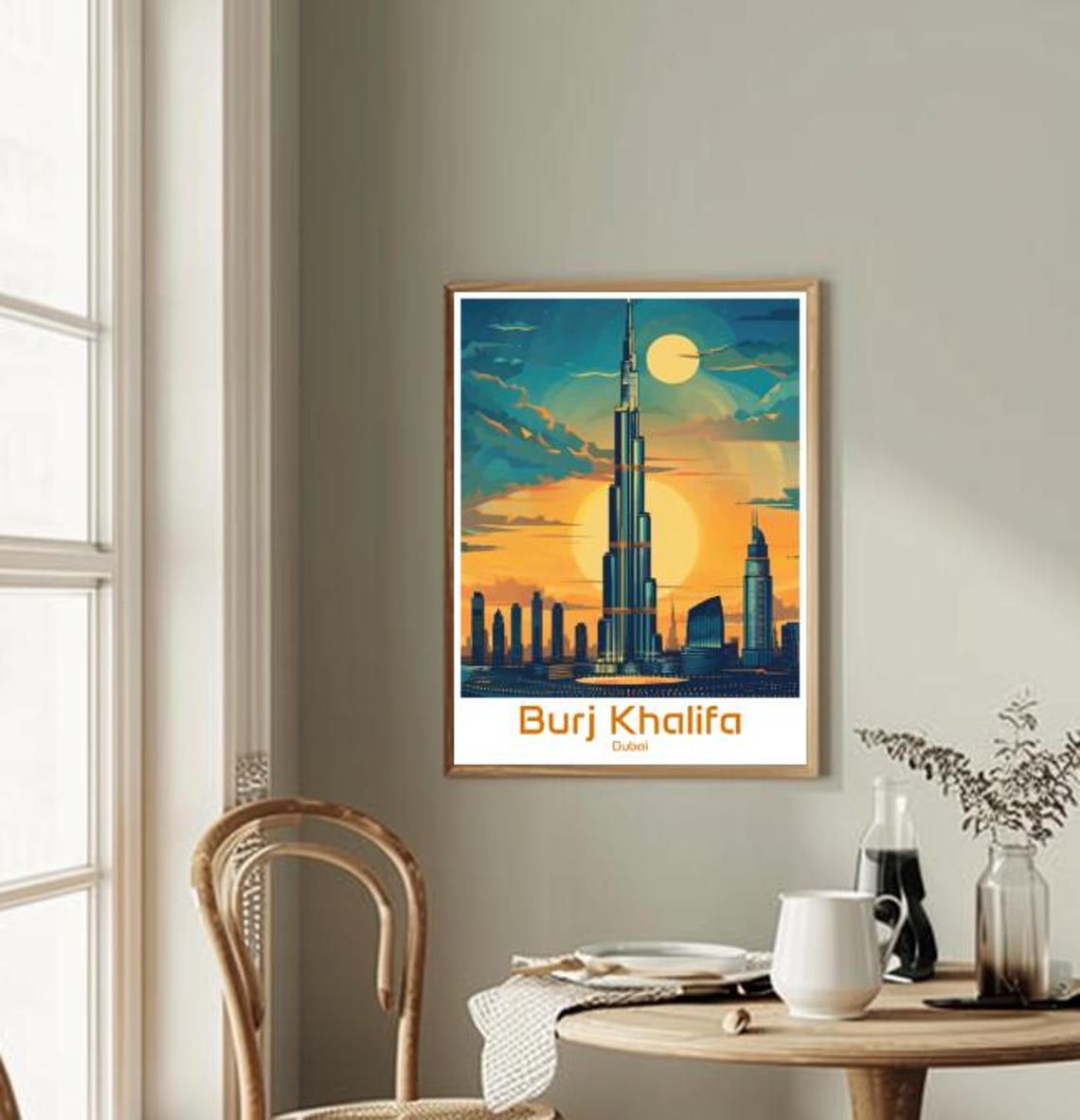 Burj Khalifa Dubai Sunset Moon Skyline Skyscraper View Poster - Image 2