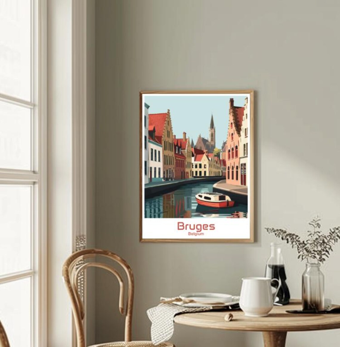 Bruges Belgium Medieval Canal with Red Boat Vintage Travel Poster - Image 2