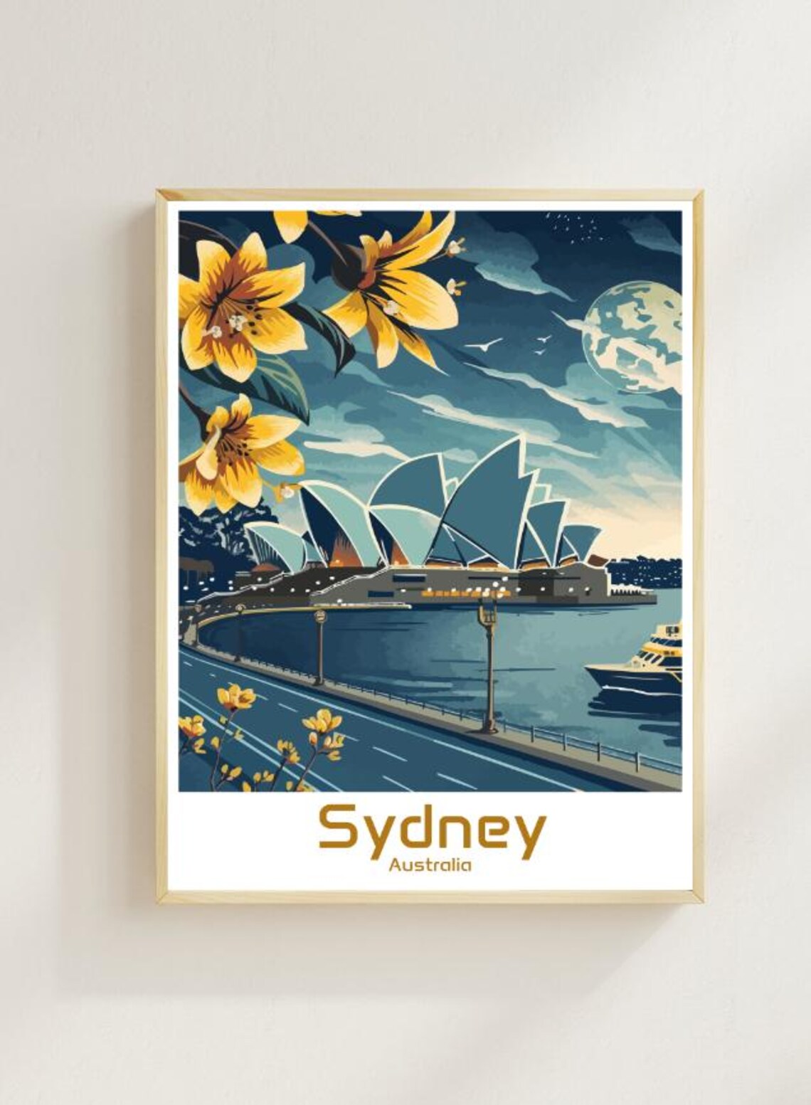 Sydney Australia Opera House Night Moon Harbour Floral Poster