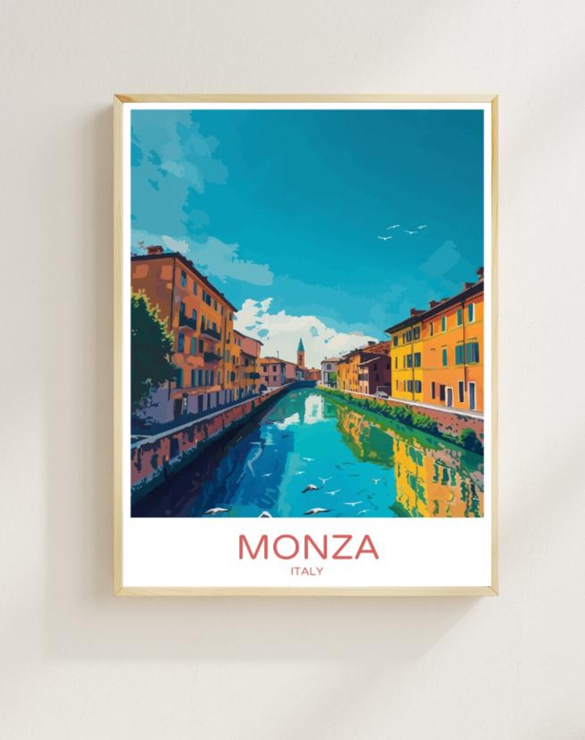 Monza Italy Historic Riverside Canal Old Town Colorful Travel Poster