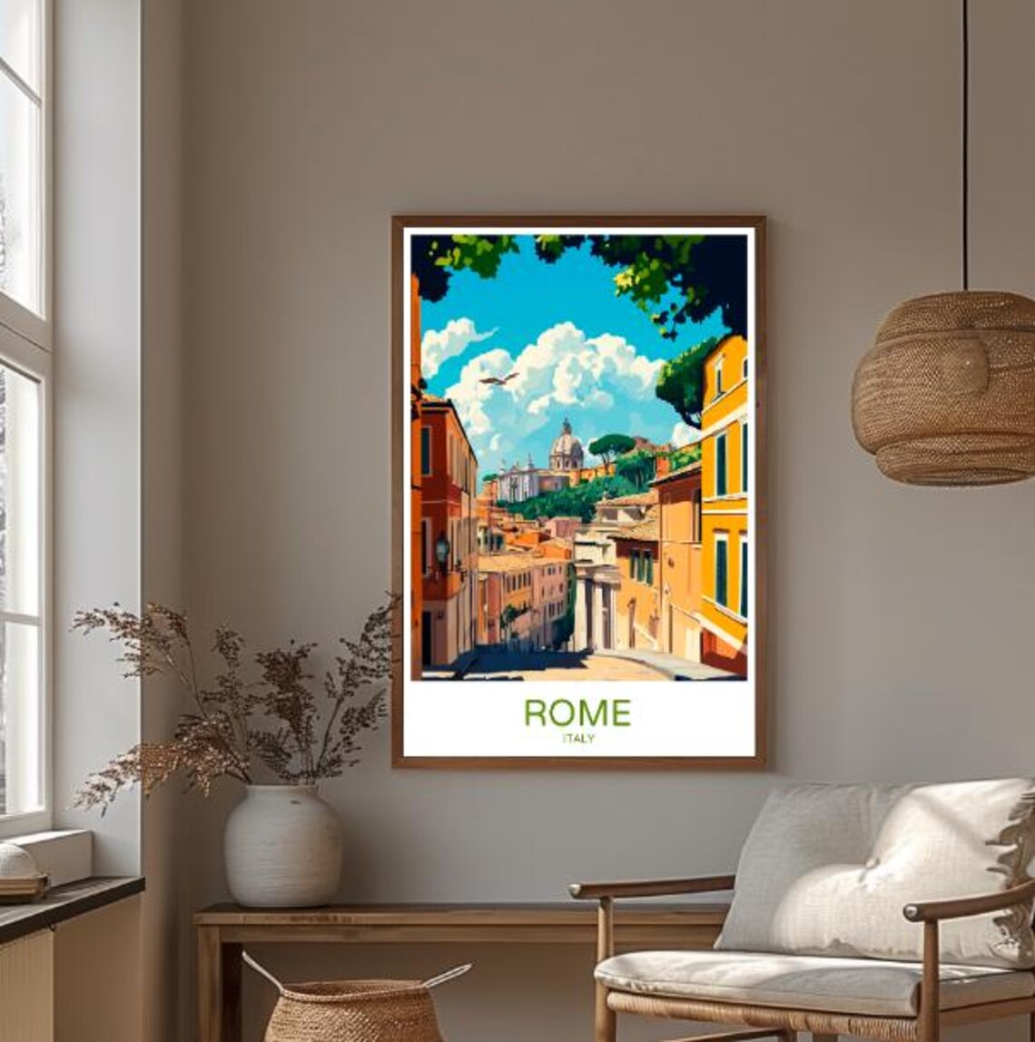 Rome Historic Street with Domed Church Under Blue Sky Poster - Image 3