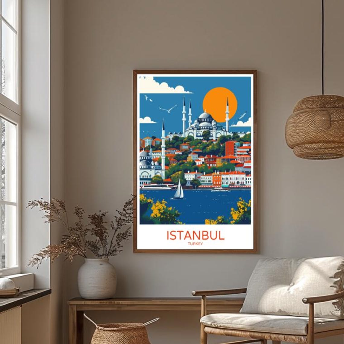 Istanbul Turkey Illustrated Sunset Mosque Bosphorus Scene Poster - Image 3