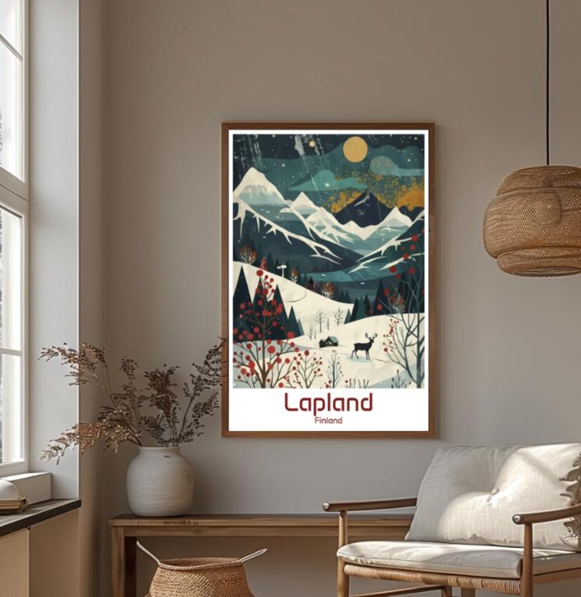 Lapland Finland Winter Night Reindeer Under Starry Snowy Peaks Poster - Image 4