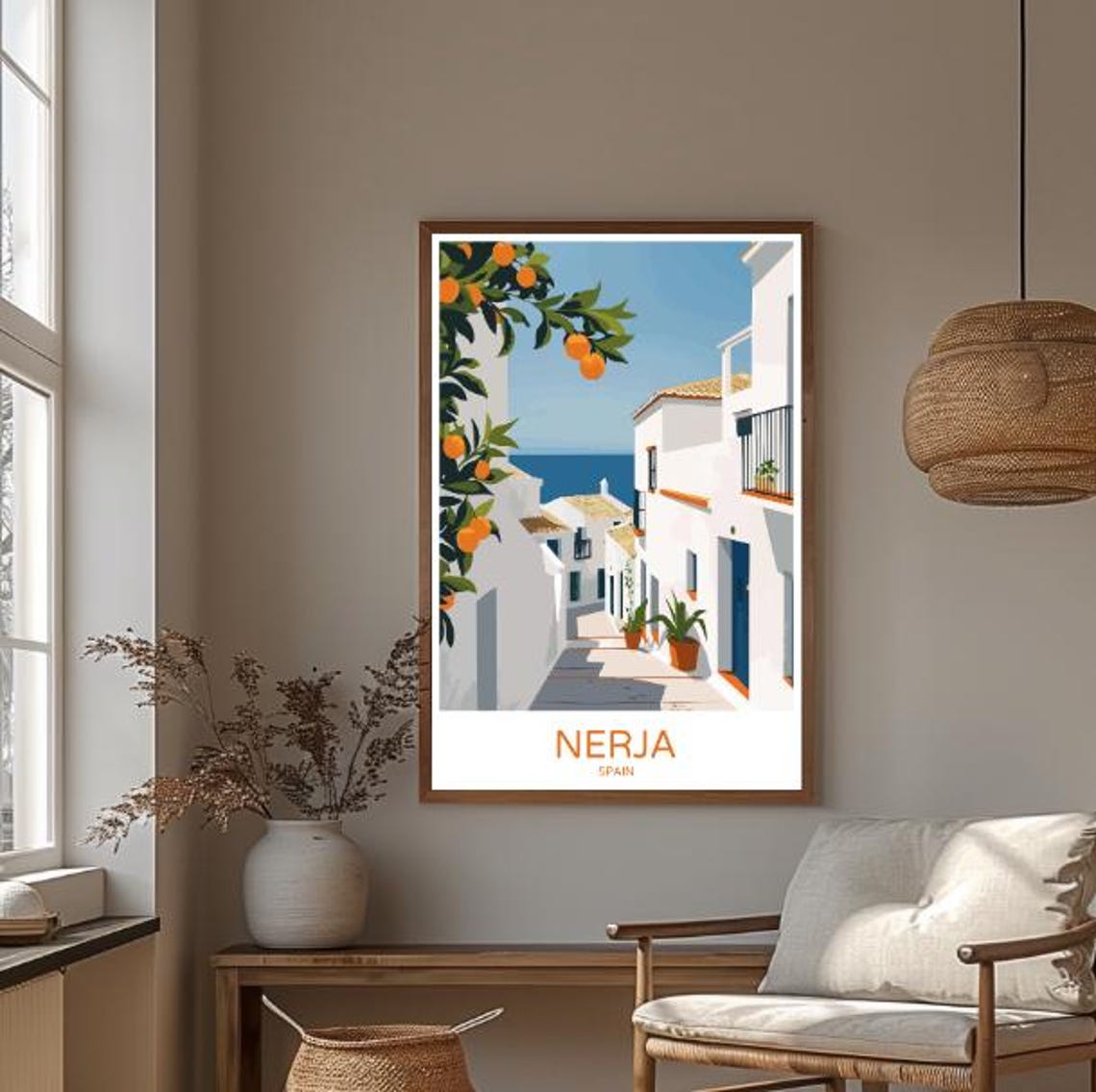 Nerja Spain Whitewashed Alley Orange Tree Mediterranean View Poster - Image 3