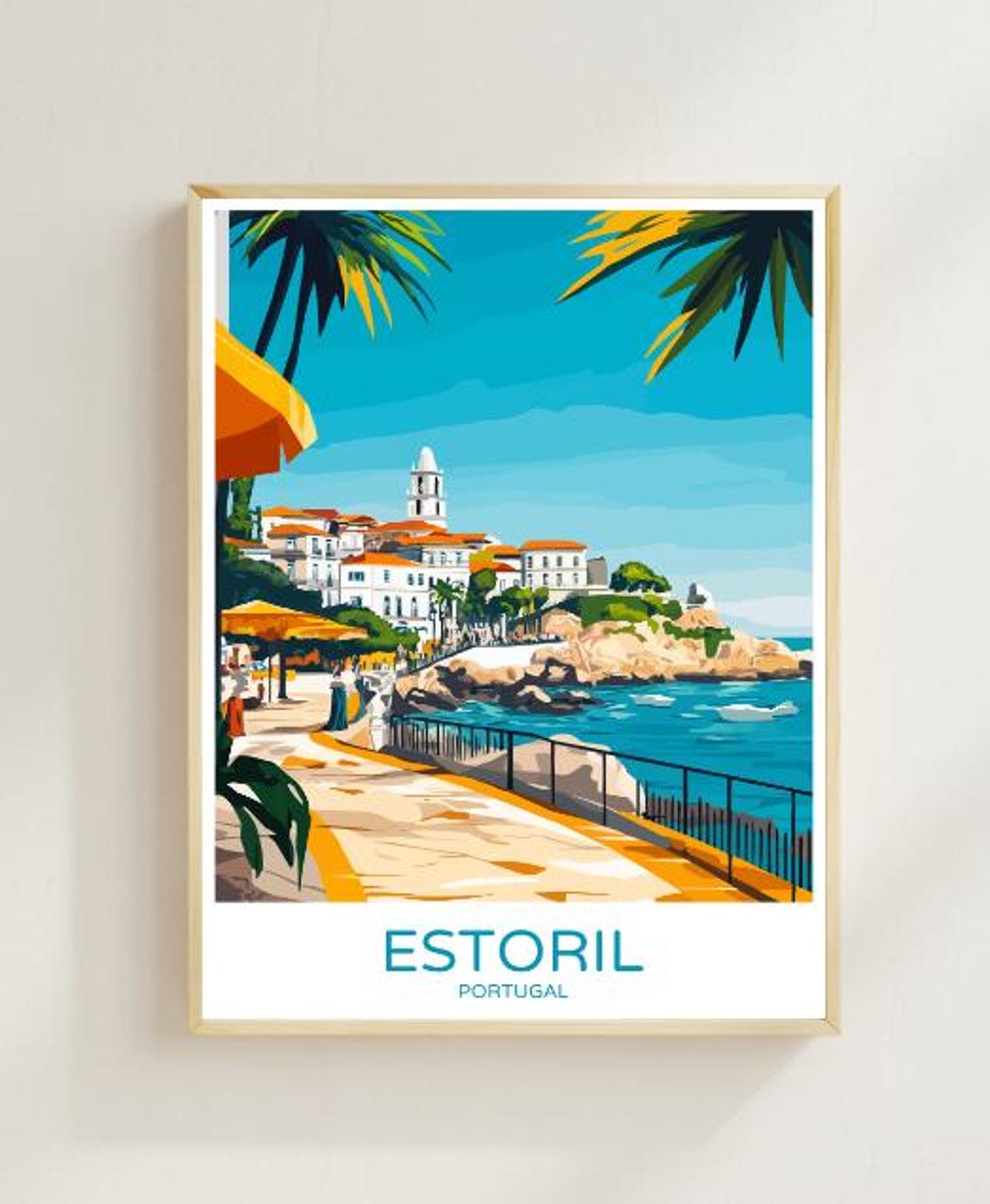 Estoril Portugal Seaside Promenade White Town Summer Scene Poster