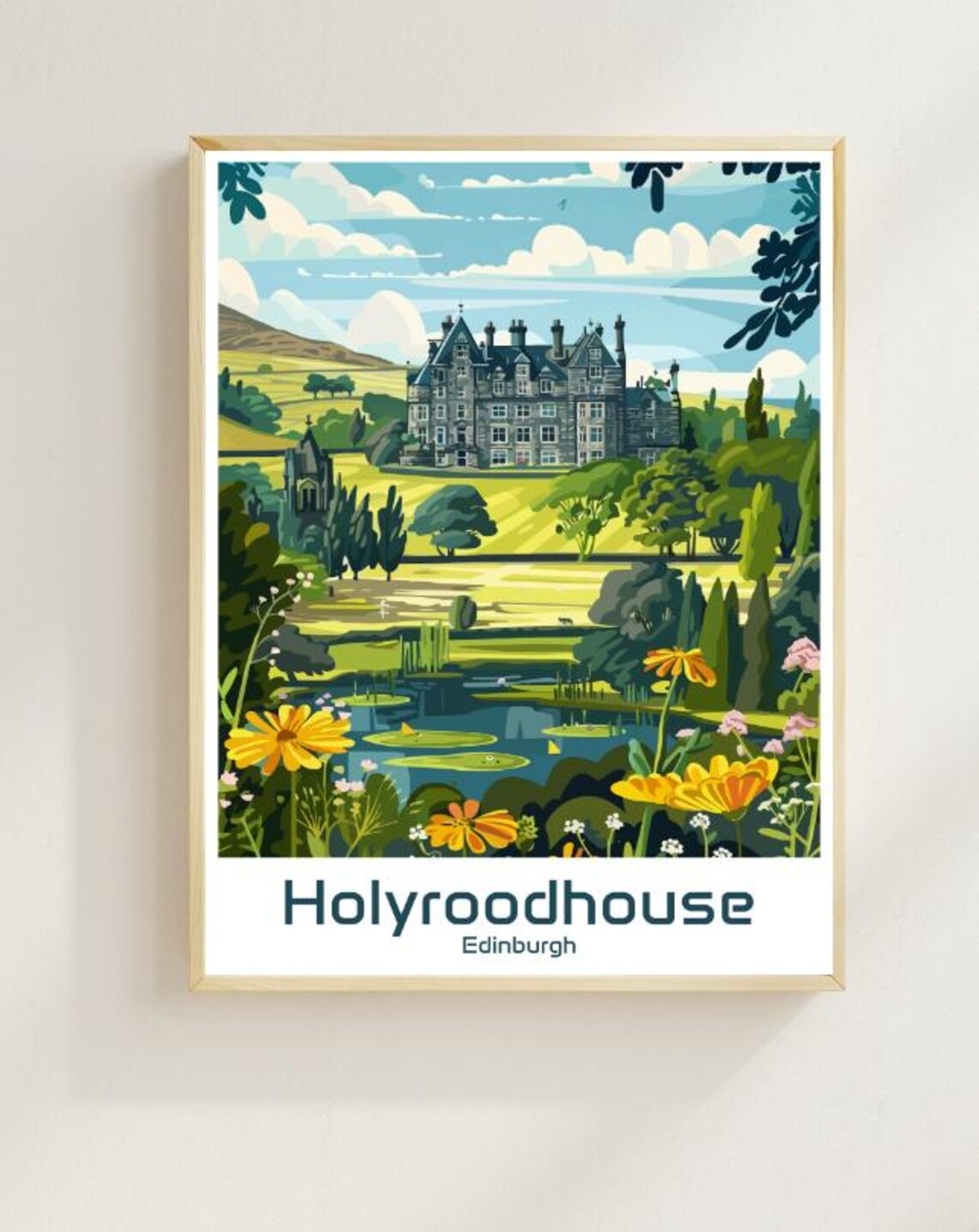 Holyroodhouse Edinburgh Palace Gardens Flowers Vintage Travel Poster