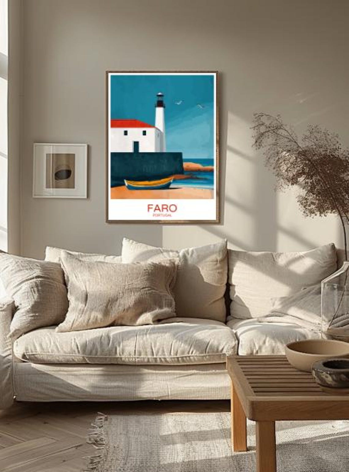 Faro Portugal Sandy Beach Lighthouse Boat Algarve Travel Poster - Image 2