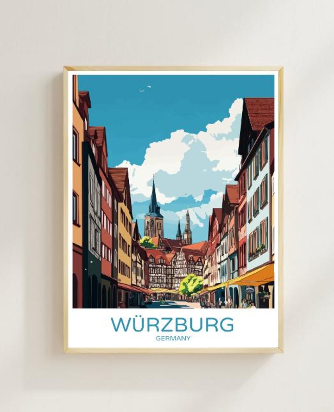 Würzburg Germany Travel Poster Old Town Street And Church Spires
