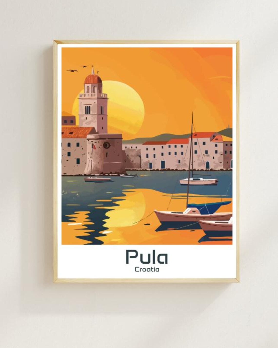 Pula Croatia Sunset Harbor Bell Tower And Sailboats Bay Poster