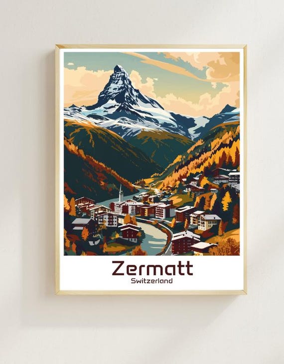 Zermatt Switzerland Travel Poster Iconic Matterhorn Wall Art With Alpine Village Winter Landscape Swiss Mountain Print Ski Resort Decor