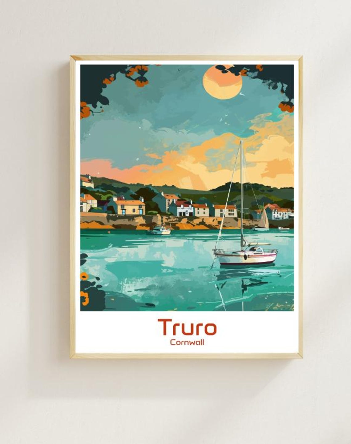 Truro Cornwall Harbour Sailboat at Golden Sunset Evening Poster