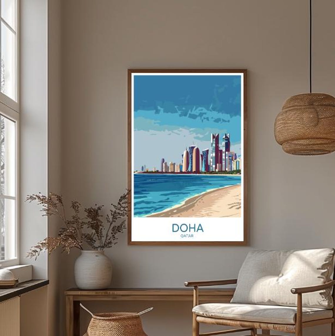 Doha Qatar City Skyline Poster Over a Tropical Beachfront Bay - Image 3