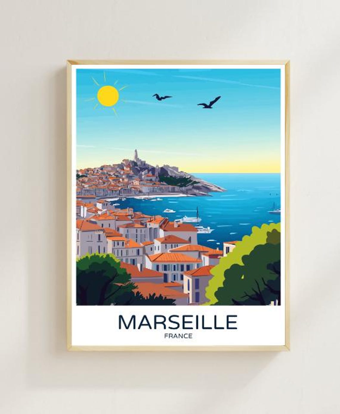 Marseille Travel Poster Vieux Port Notre Dame De La Garde French Cityscape Wall Art Marseille Art Print Travel Gift Wall Decor