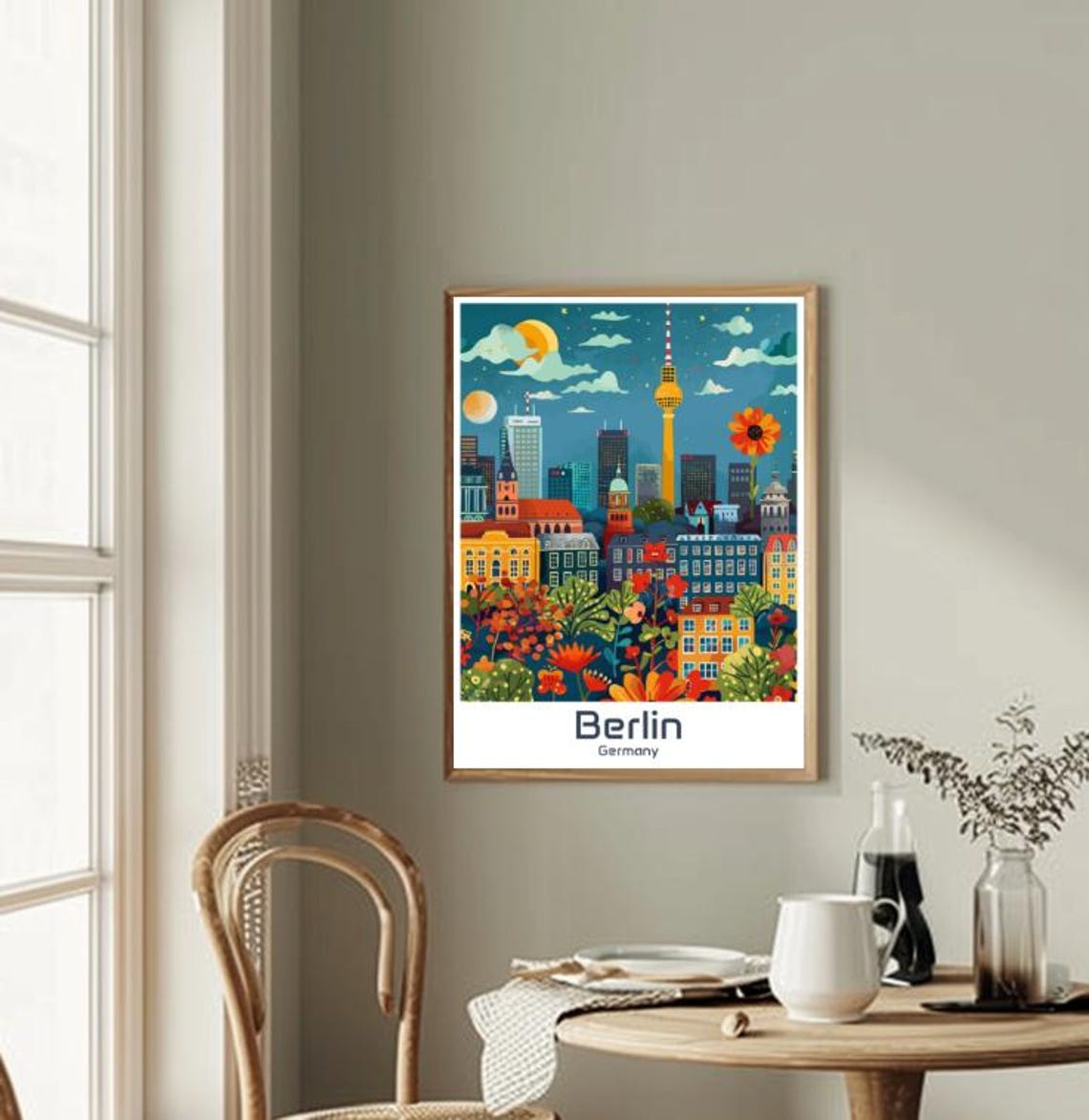 Berlin Germany Night Skyline TV Tower Floral Cityscape Poster - Image 2