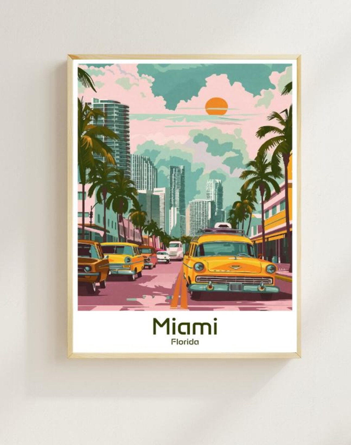 Miami Florida Retro Street Classic Cars Sunset Travel Poster