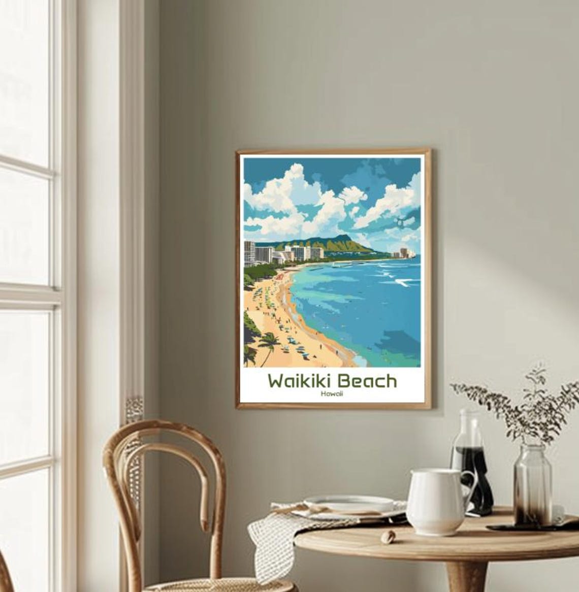 Waikiki Beach Hawaii Colorful Retro Travel Illustration Poster - Image 2