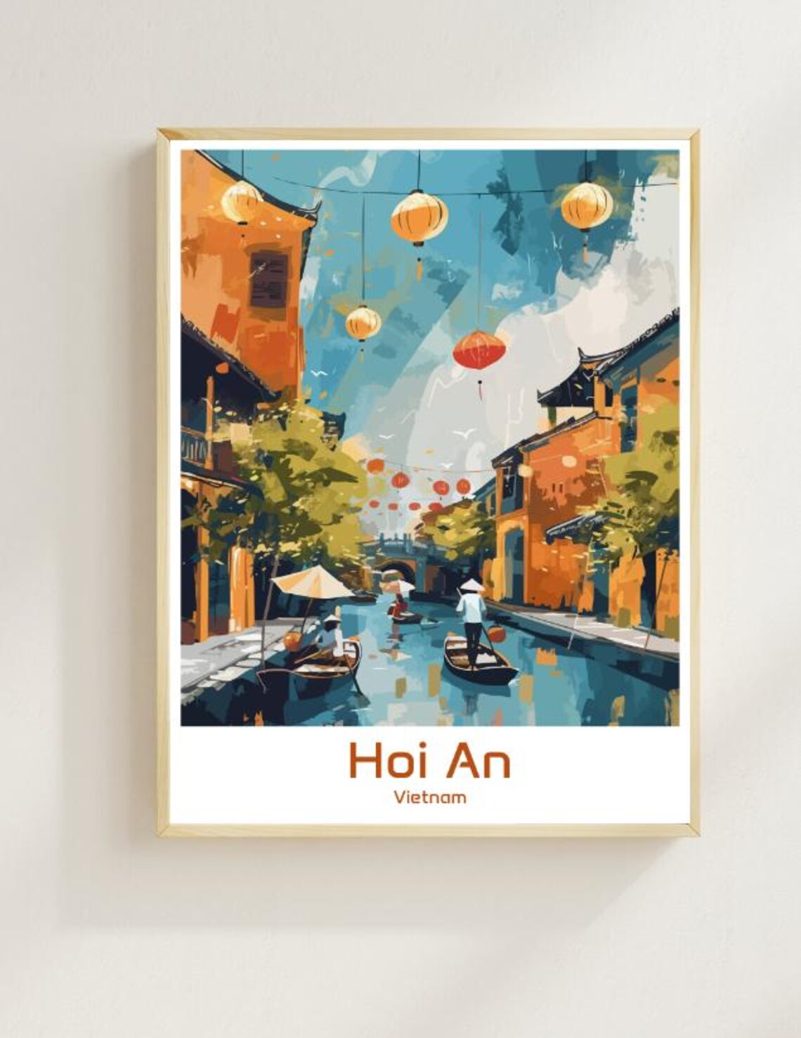 Hoi An Vietnam Lanterns Canal Boats Old Town Watercolor Style Poster
