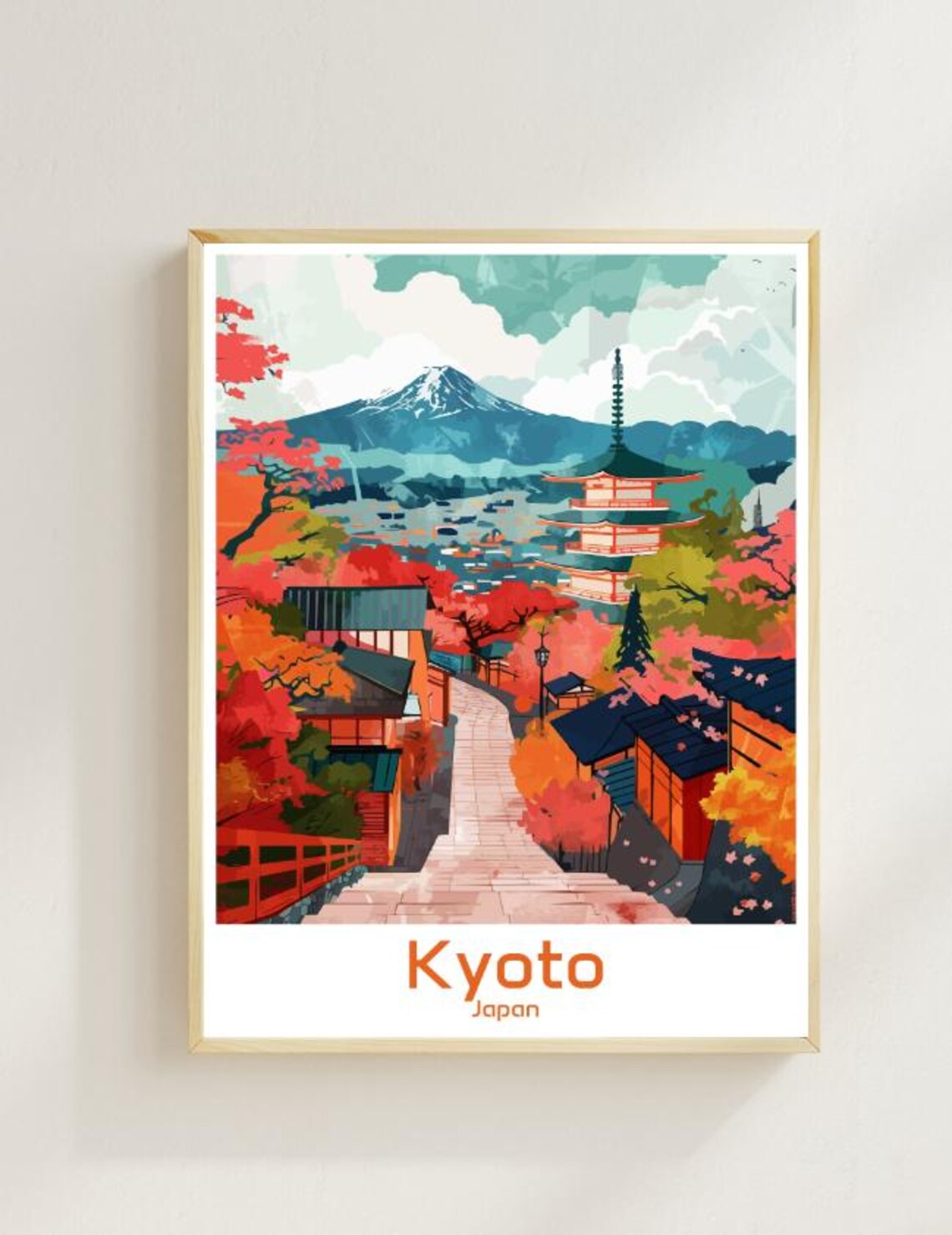 Kyoto Japan Autumn Pagoda Maple Trees Fall Vintage Travel Poster