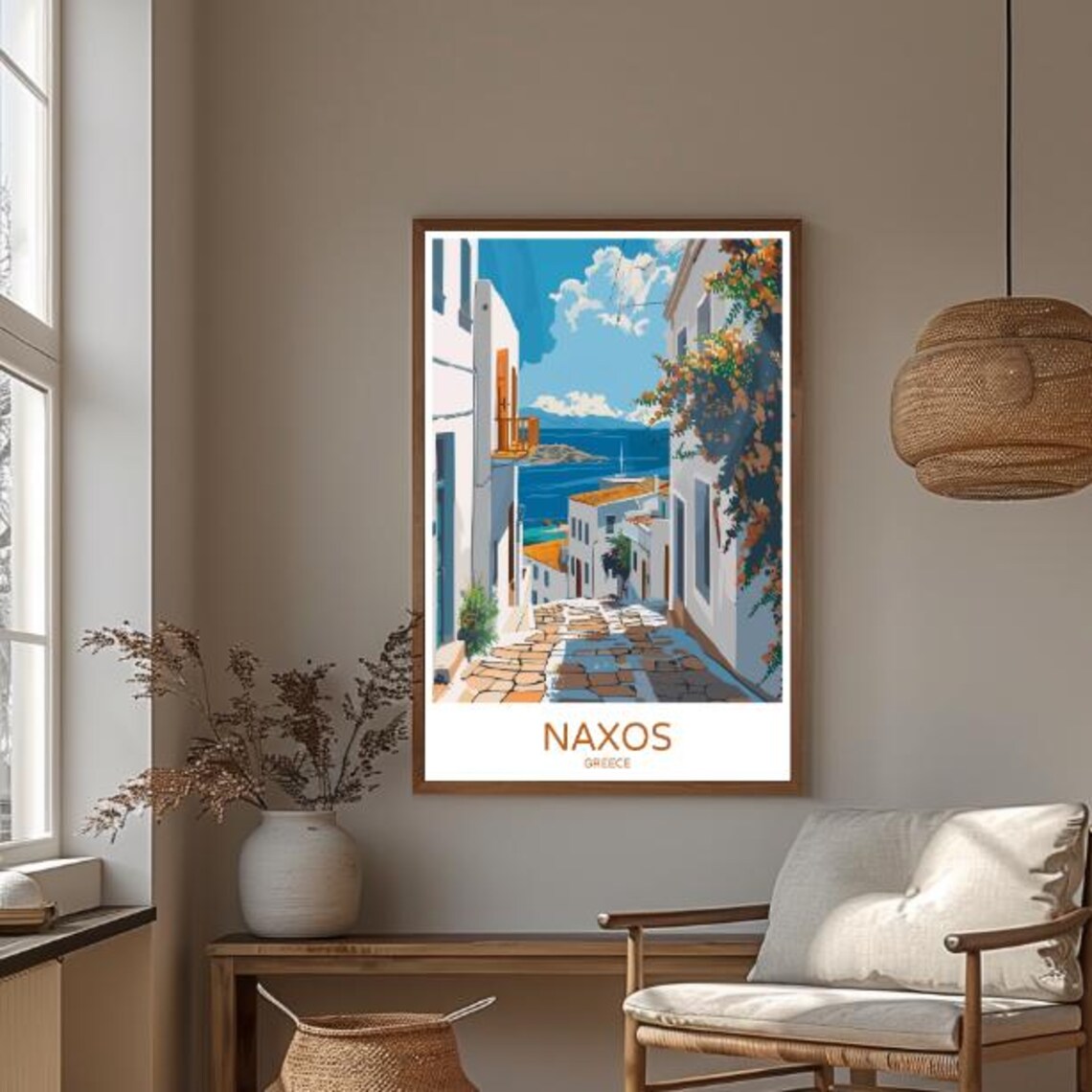 Naxos Greece Charming Whitewashed Alley Cobblestone Sea View Poster - Image 3
