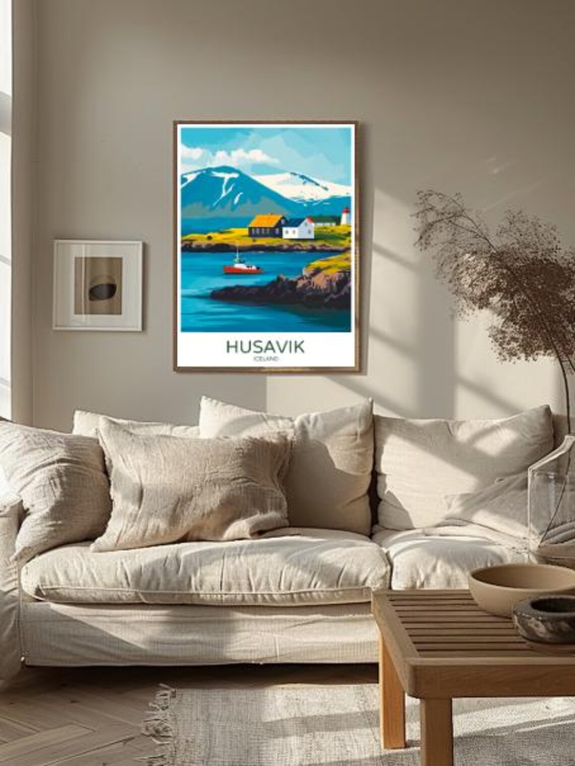 Husavik Coastal Cottages Lighthouse Snowy Peaks Iceland Poster - Image 2
