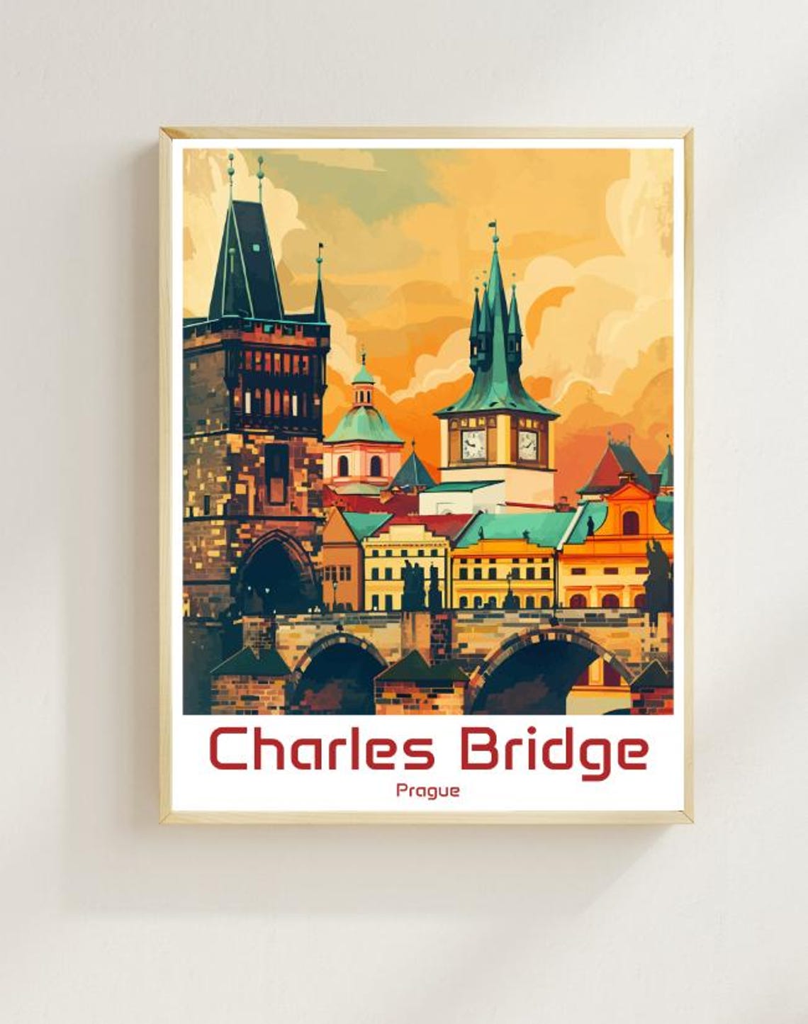 Charles Bridge Prague At Sunset With Gothic Towers Vintage Poster