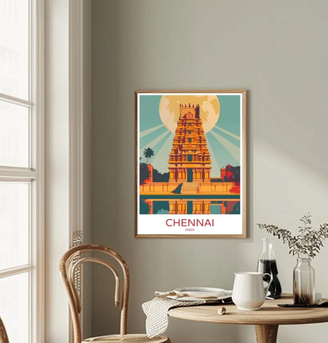 Chennai India Golden Temple Tower Moonlit Water Reflection Art Poster - Image 2