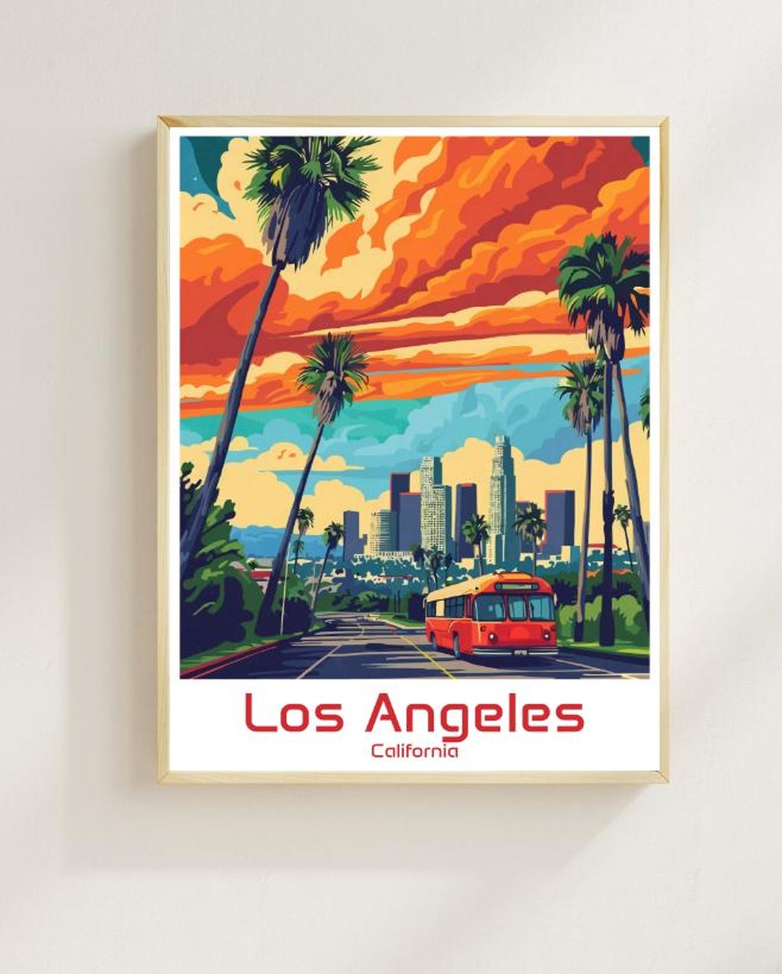 Los Angeles Travel Poster Iconic Wall Art Of Hollywood Santa Monica Los Angeles Cityscape Print